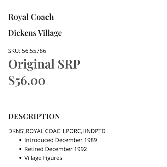 Dept 56 Heritage Village Royal Coach